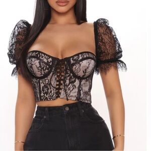 ✨ Fashion Nova Black Lace Corset Crop Top Romantic Sheer Bustier M‎ ✨
